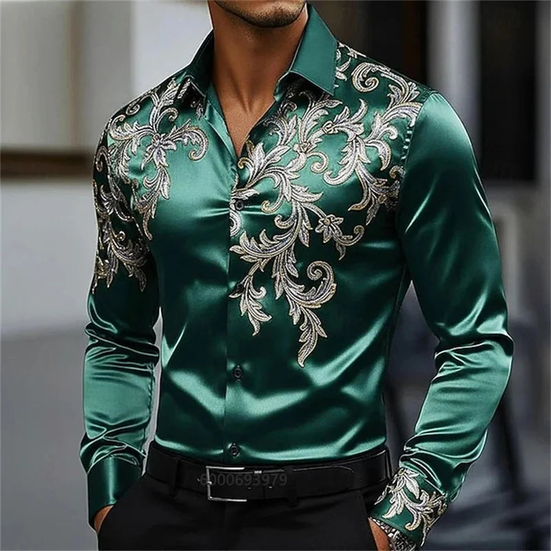 Chemise Homme Satinée à Motif Floral Doré – CLEVI Paris