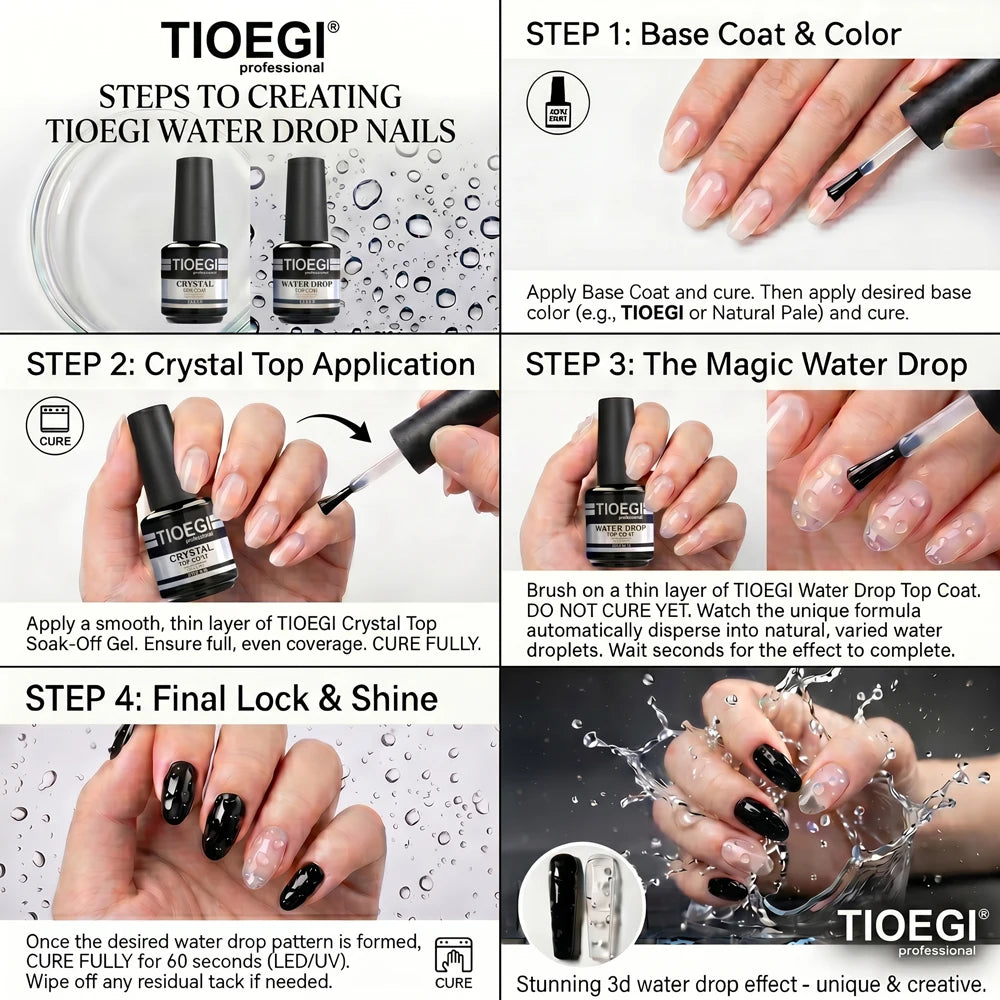 Kit Top Coat Gel 3D Goutte d'Eau TIOEGI – Brillance Cristal & Effet Pluie Magique 2×15ml UV/LED – CLEVI Paris