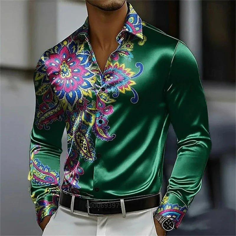 Chemise Homme Satinée à Motif Floral Doré – CLEVI Paris