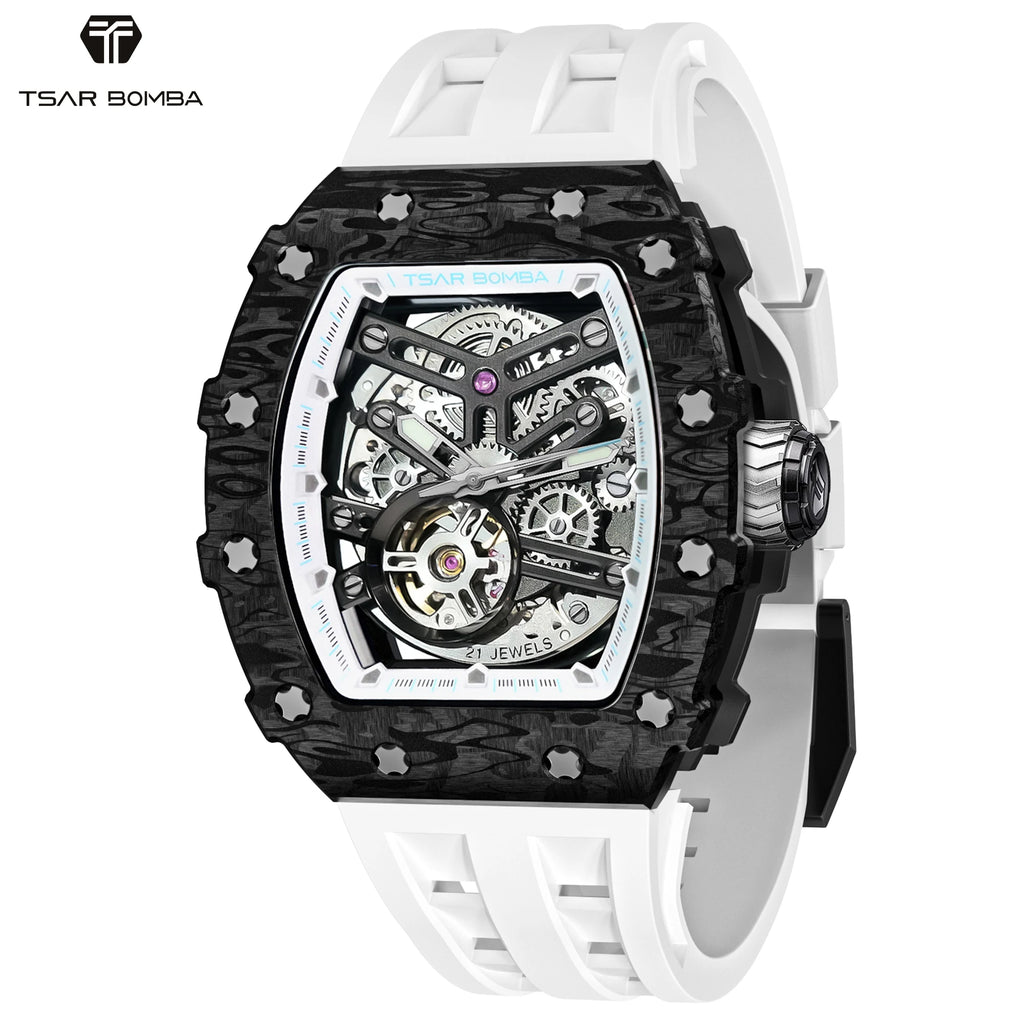 Montre Homme Automatique Squelette Tonneau Carbone Roue 7h Tsar Bomba TB8208CF – CLEVI Paris
