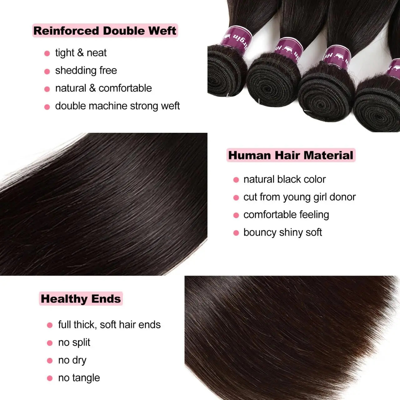 Mèches Straight Cheveux Humains Remy Hair 12A Brésilien Vierge Non Traité 1/3/4 Bundles 10-42 Pouces – CLEVI Paris