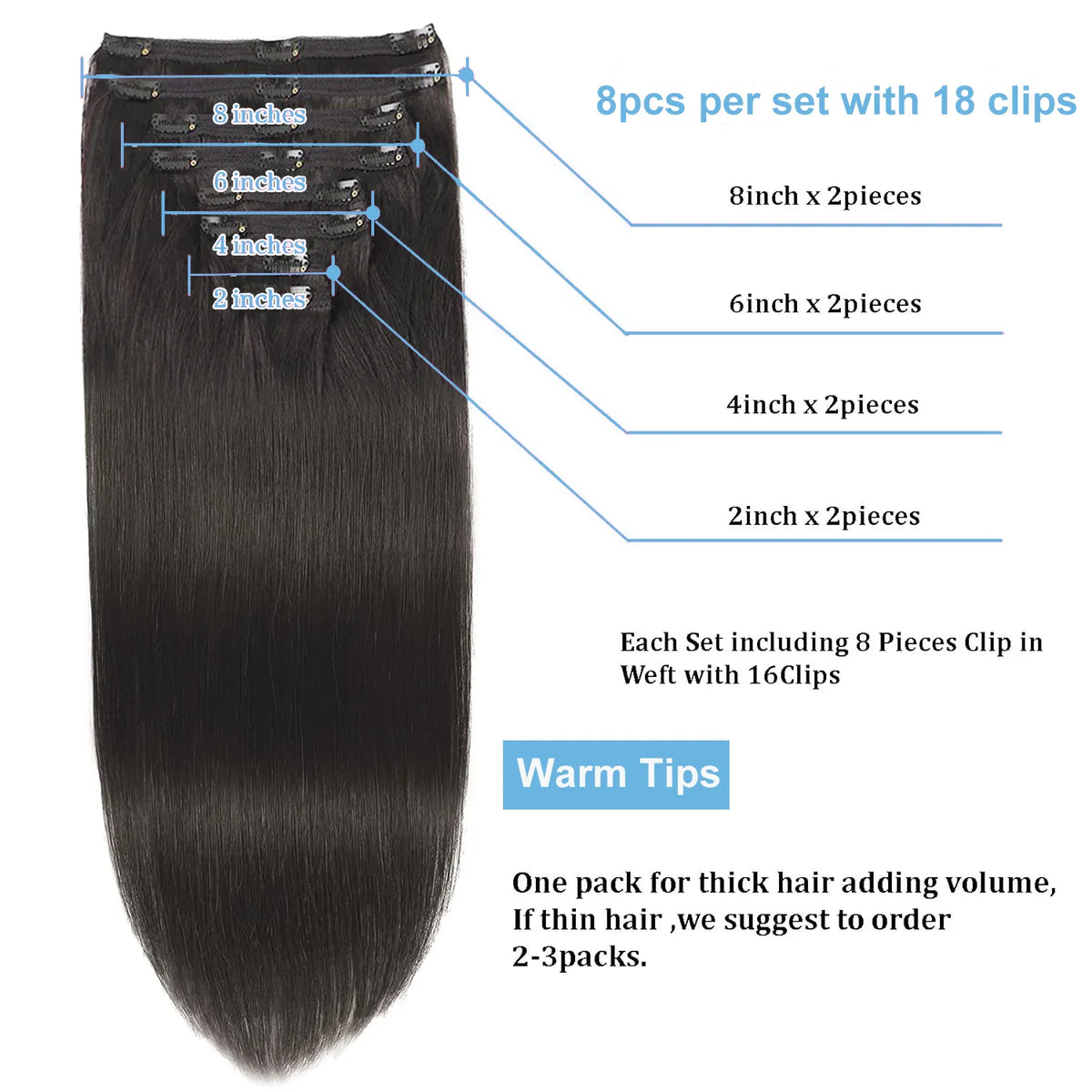 Extensions Clip-In Cheveux Humains Straight 8pcs – CLEVI Paris