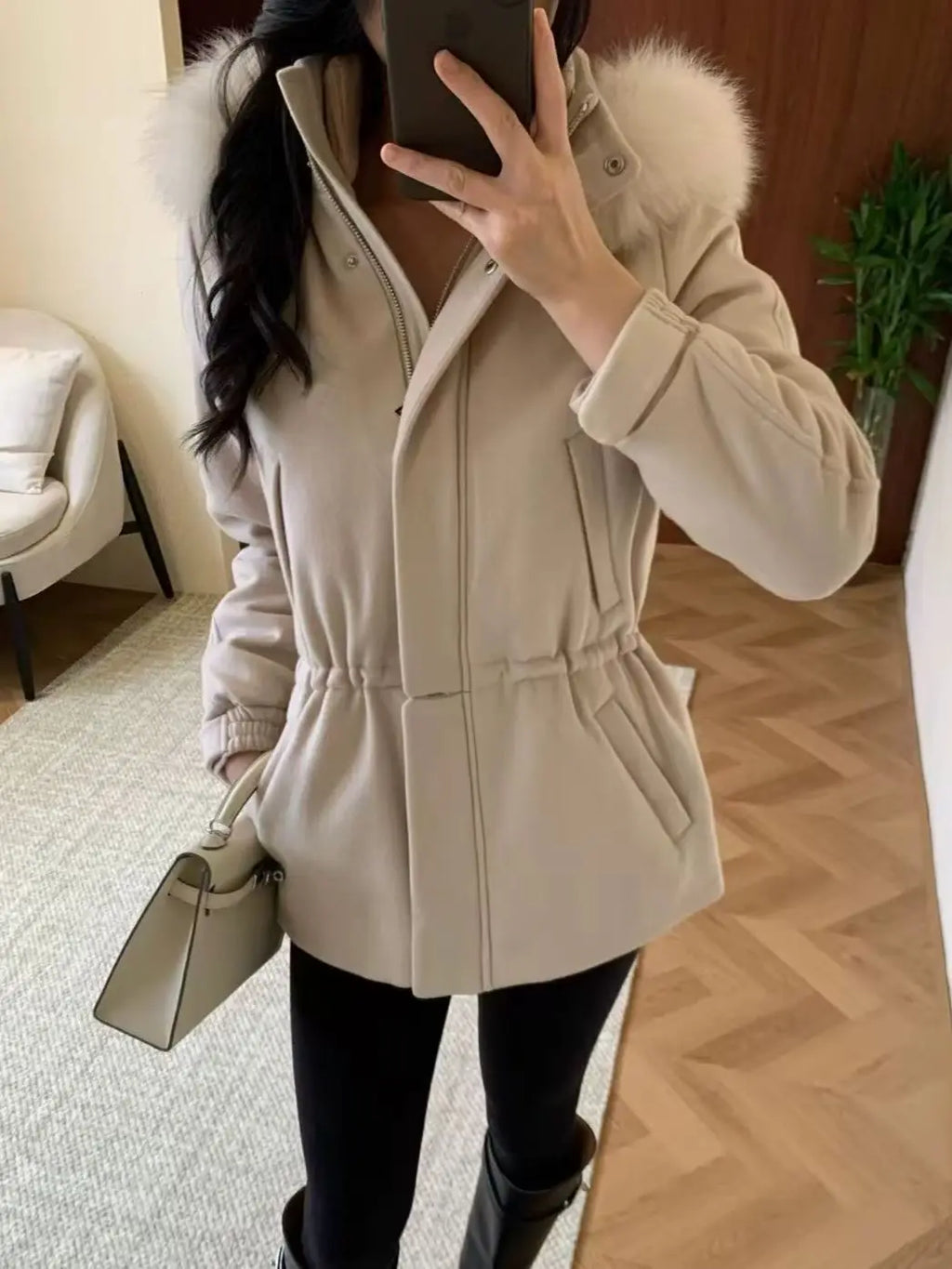 Manteau femme laine et cachemire à capuche – CLEVI Paris