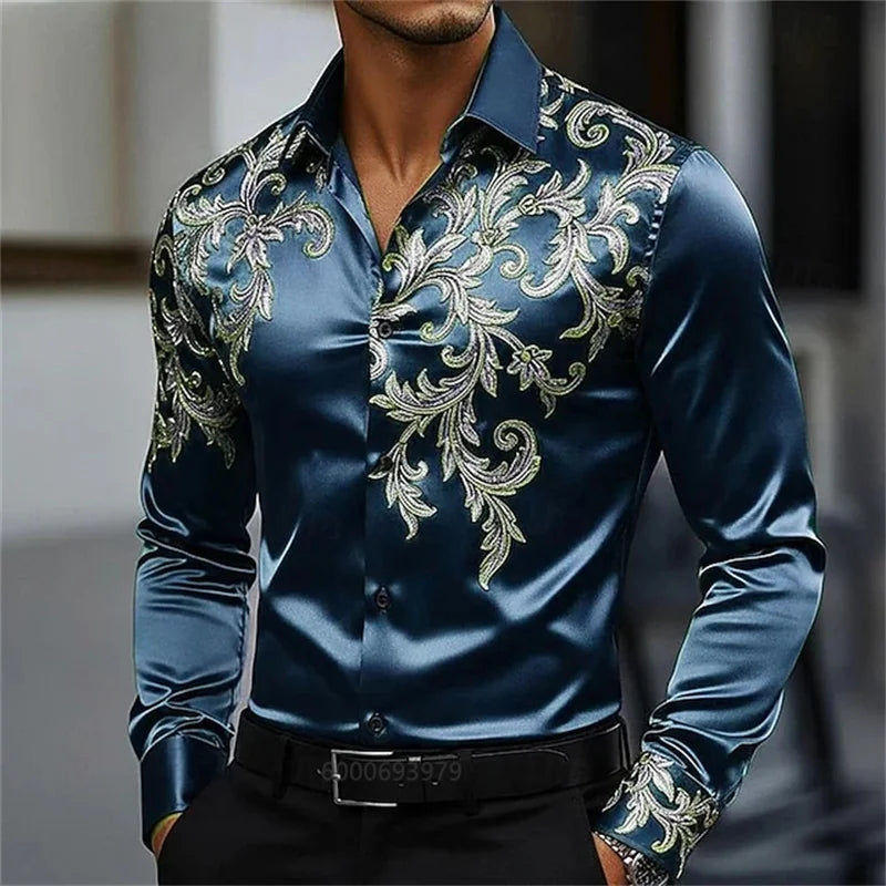 Chemise Homme Satinée à Motif Floral Doré – CLEVI Paris