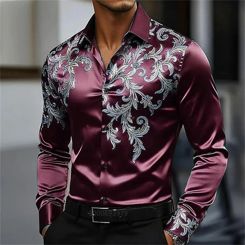 Chemise Homme Satinée à Motif Floral Doré – CLEVI Paris