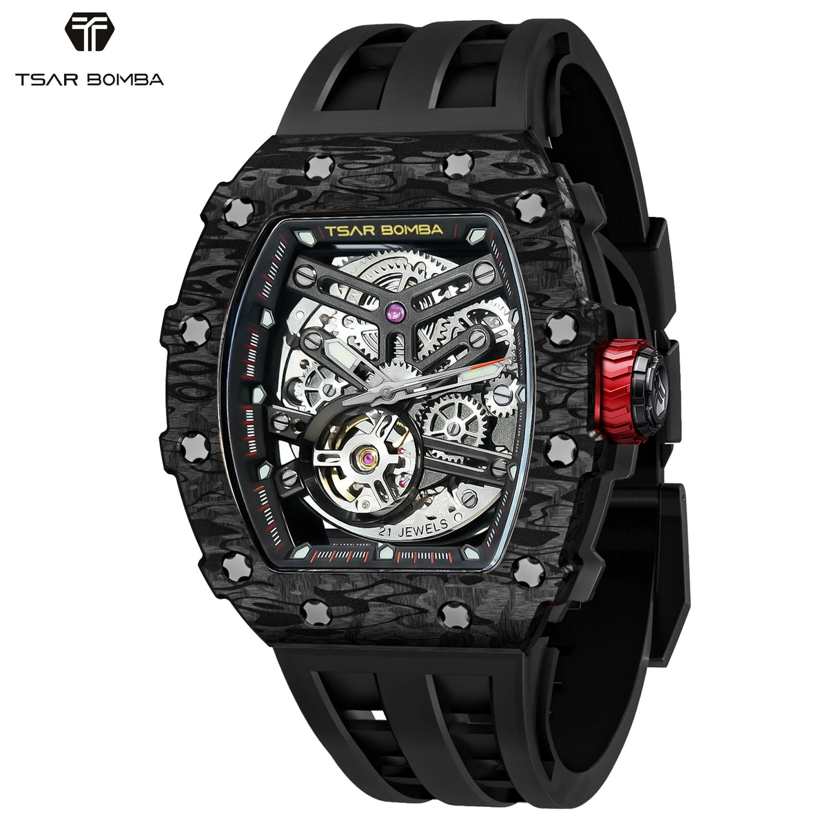 TSAR BOMBA TB8208CF Montre Homme Automatique Squelette Saphir Carbone – CLEVI Paris