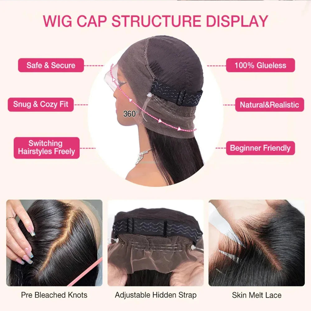 Perruque 360 Full Lace HD Bone Straight Glueless Invisi Strap 100% Cheveux Humains 18-36 Pouces – CLEVI Paris