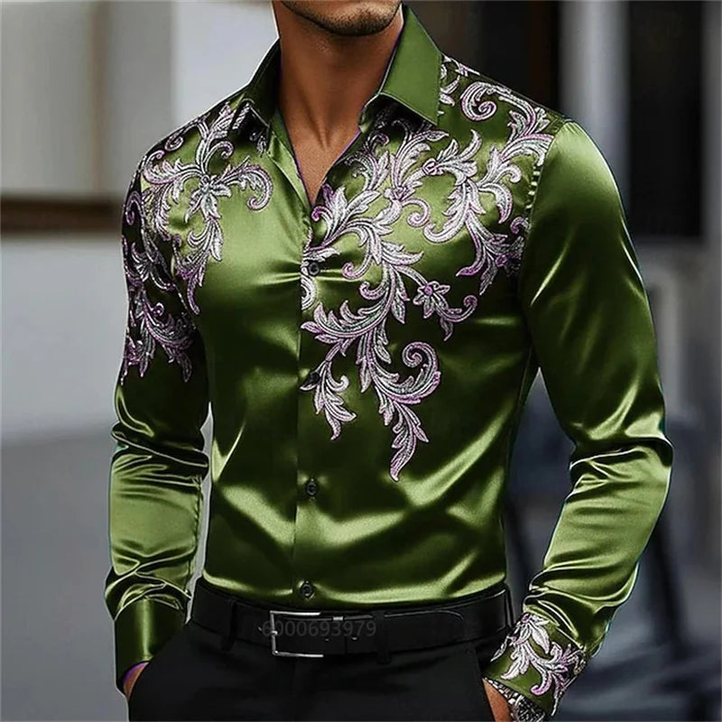Chemise Homme Satinée à Motif Floral Doré – CLEVI Paris