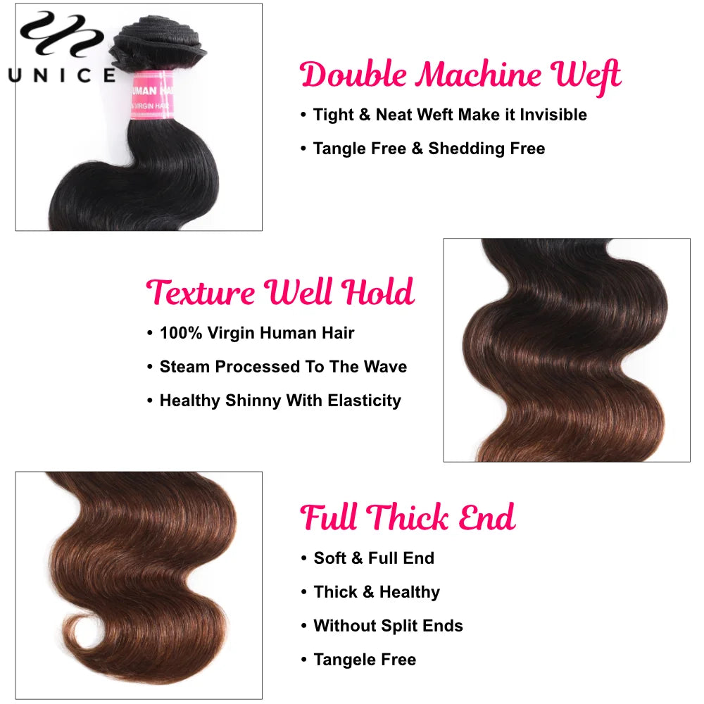 UNice Chestnut Brown Ombre Body Wave Bundles 1/3 PCS 100% Cheveux Humains Brésiliens Remy 8-26 Pouces – CLEVI Paris