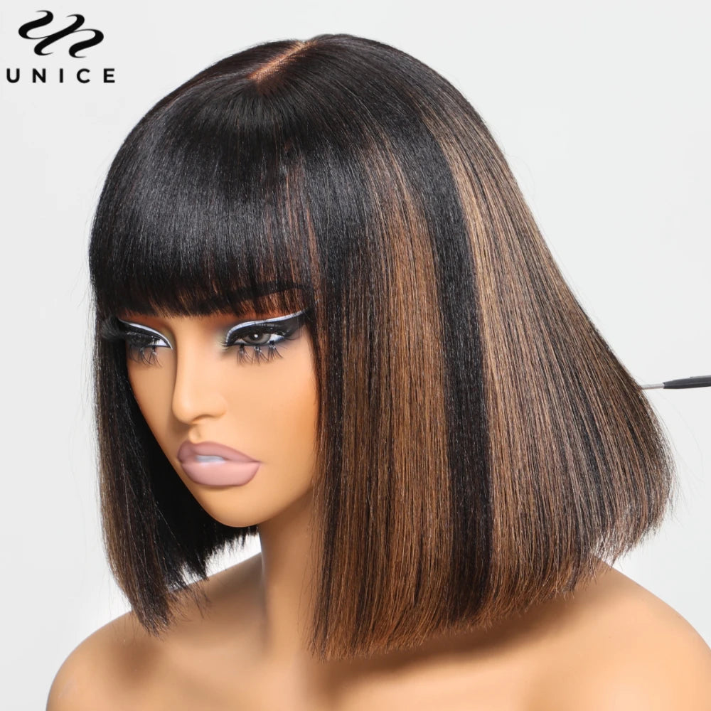 Perruque BOB Yaki Straight Balayage Highlights Frange 4x2 Lace Glueless 100% Cheveux Humains 10-14 Pouces – CLEVI Paris