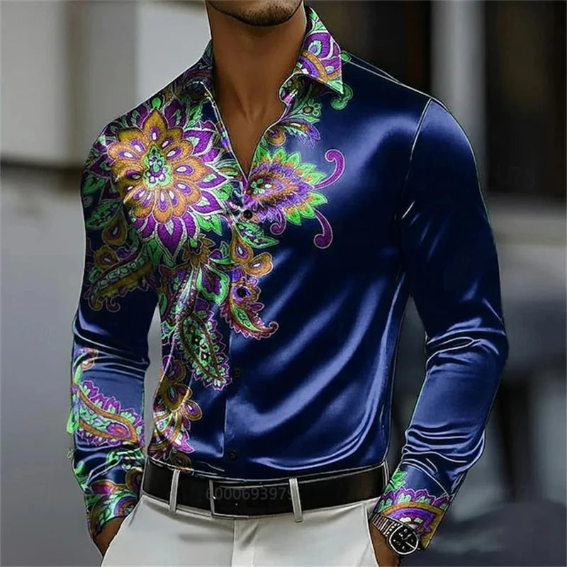 Chemise Homme Satinée à Motif Floral Doré – CLEVI Paris