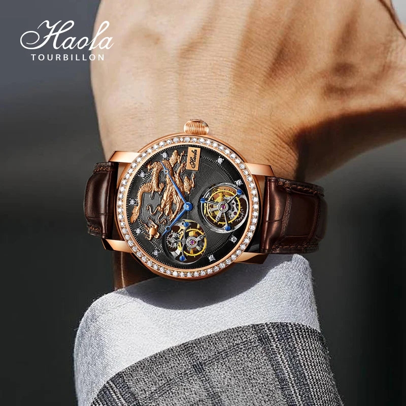Montre Homme Double Tourbillon HAOFA K002 – Or Massif 18K Diamants Afrique du Sud Bracelet Alligator Édition Limitée – CLEVI Paris