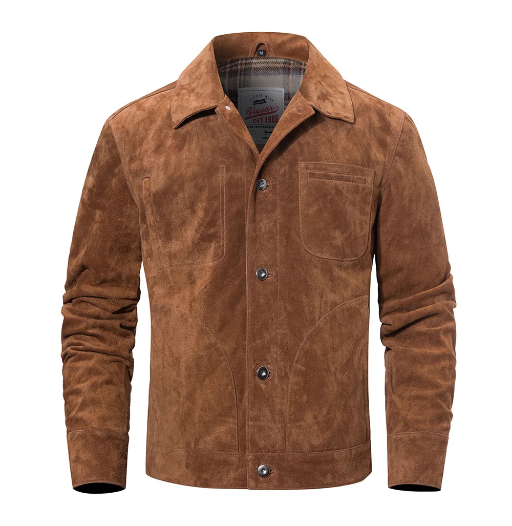 Veste homme en cuir suédé à boutons – CLEVI Paris