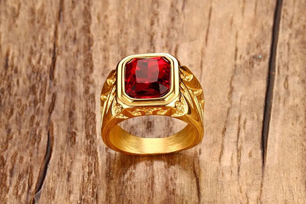 Bague Homme Dorée à Pierres Rouges Carrées – CLEVI Paris