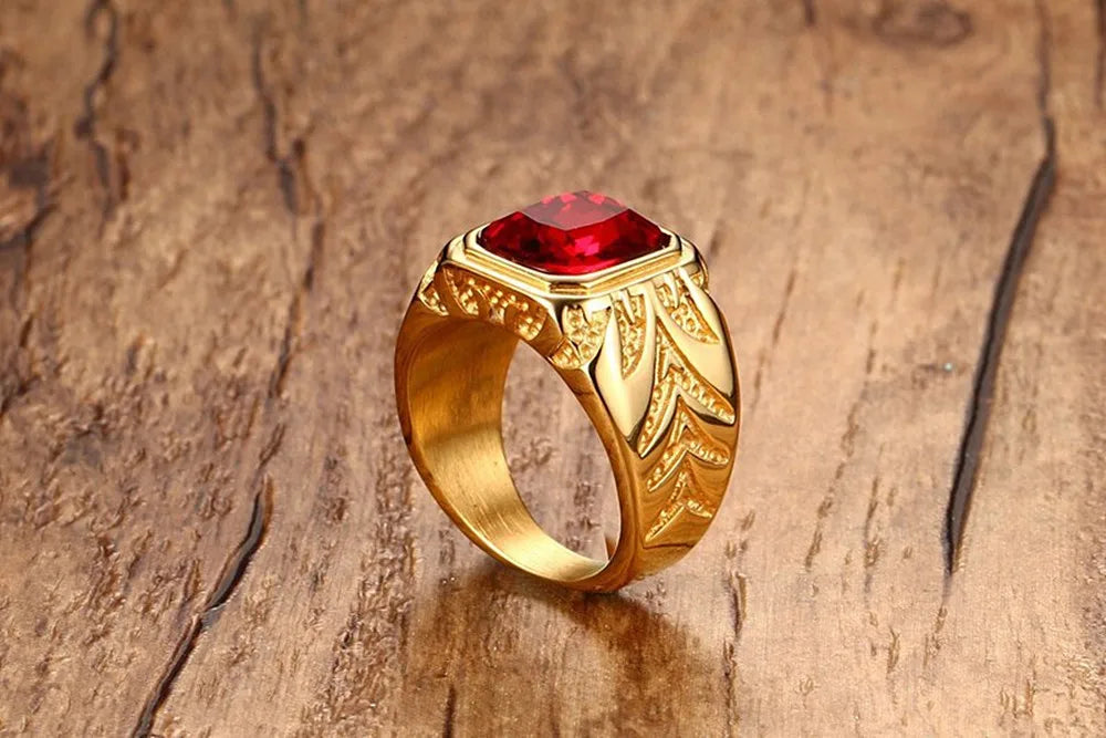 Bague Homme Dorée à Pierres Rouges Carrées – CLEVI Paris
