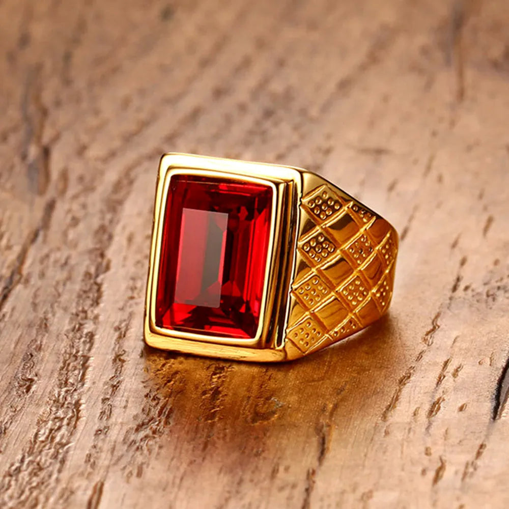 Bague homme carrée dorée effet rubis – CLEVI Paris