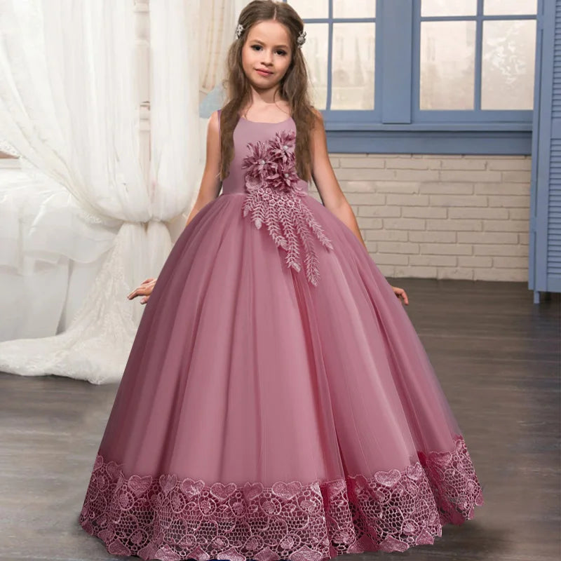 Robe longue fille à appliques florales – CLEVI Paris