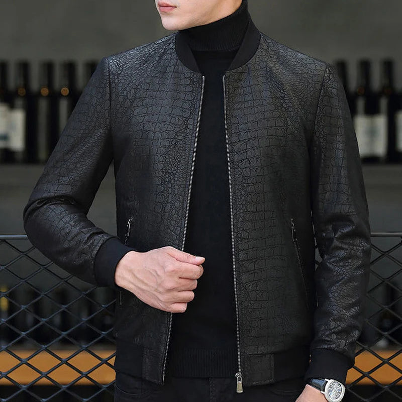 Bomber homme en cuir noir motif crocodile – CLEVI Paris