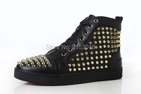 Sneakers Montantes Cuir Noir Blanc Or Rivets Homme – CLEVI Paris