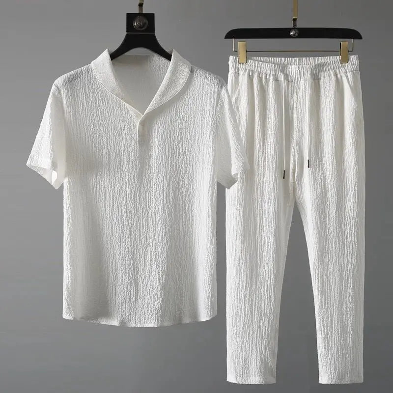 Ensemble 2 Pièces Homme Chemise Col V + Pantalon Élastique Business Casual Été Polyester M-4XL – CLEVI Paris