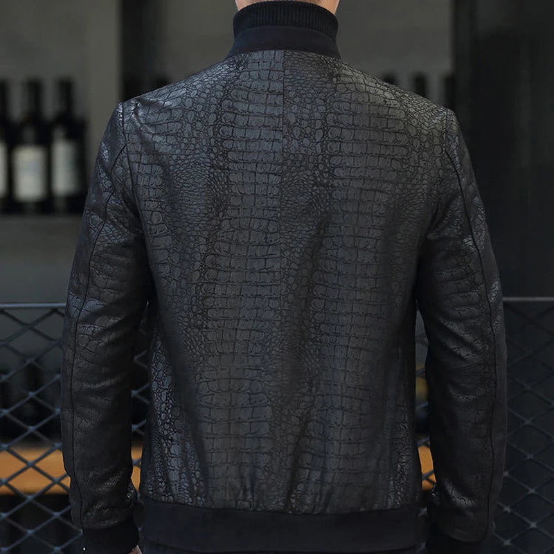 Bomber homme en cuir noir motif crocodile – CLEVI Paris