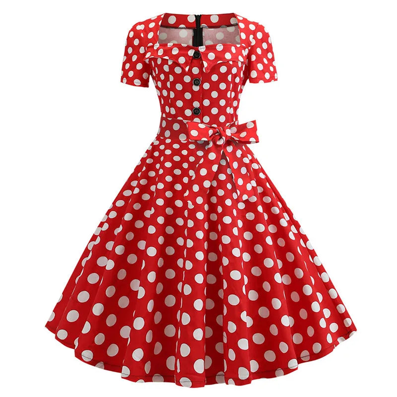 Robe Femme Col Carré Vintage Élégante Manches Courtes Midi À Pois – CLEVI Paris