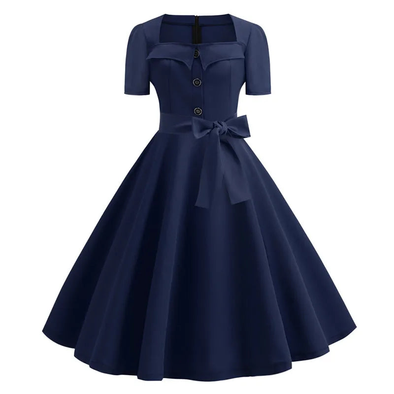 Robe Femme Col Carré Vintage Élégante Manches Courtes Midi À Pois – CLEVI Paris