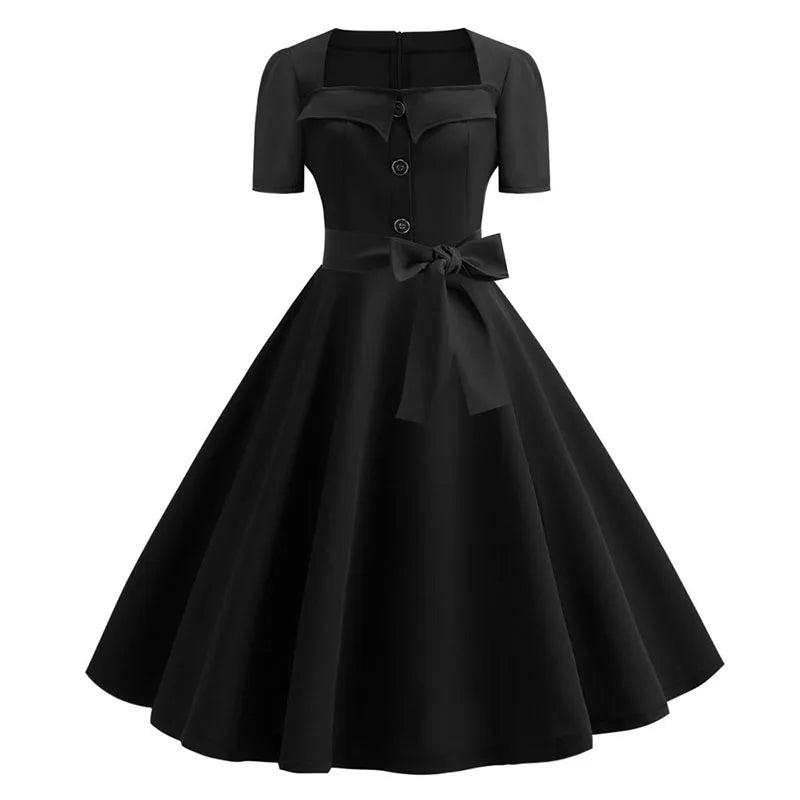 Robe Femme Col Carré Vintage Élégante Manches Courtes Midi À Pois – CLEVI Paris