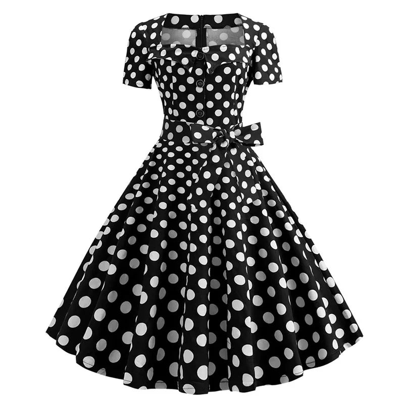 Robe Femme Col Carré Vintage Élégante Manches Courtes Midi À Pois – CLEVI Paris