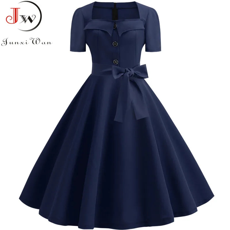 Robe Femme Col Carré Vintage Élégante Manches Courtes Midi À Pois – CLEVI Paris