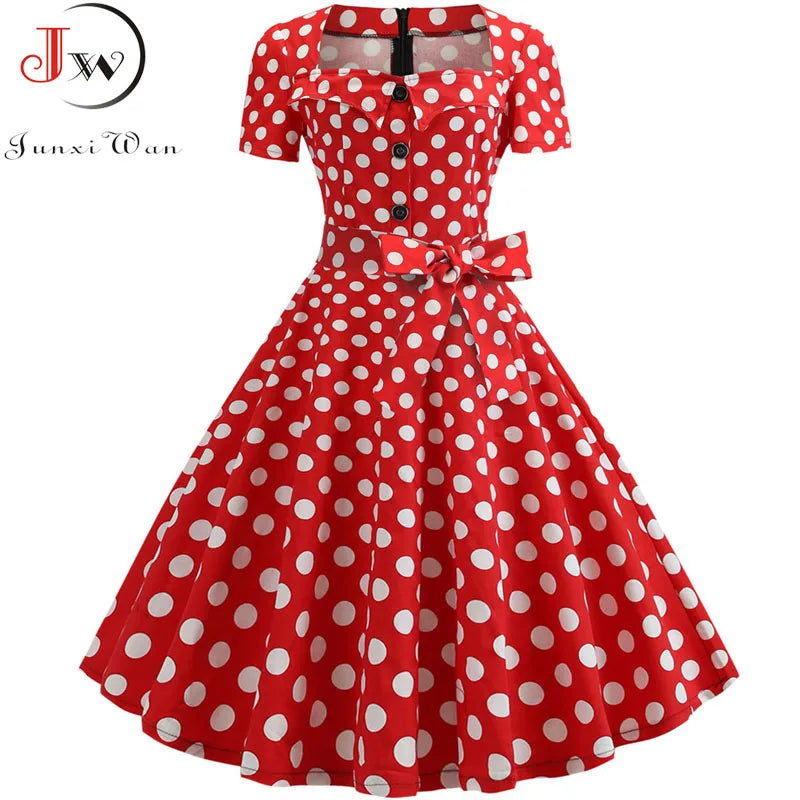 Robe Femme Col Carré Vintage Élégante Manches Courtes Midi À Pois – CLEVI Paris