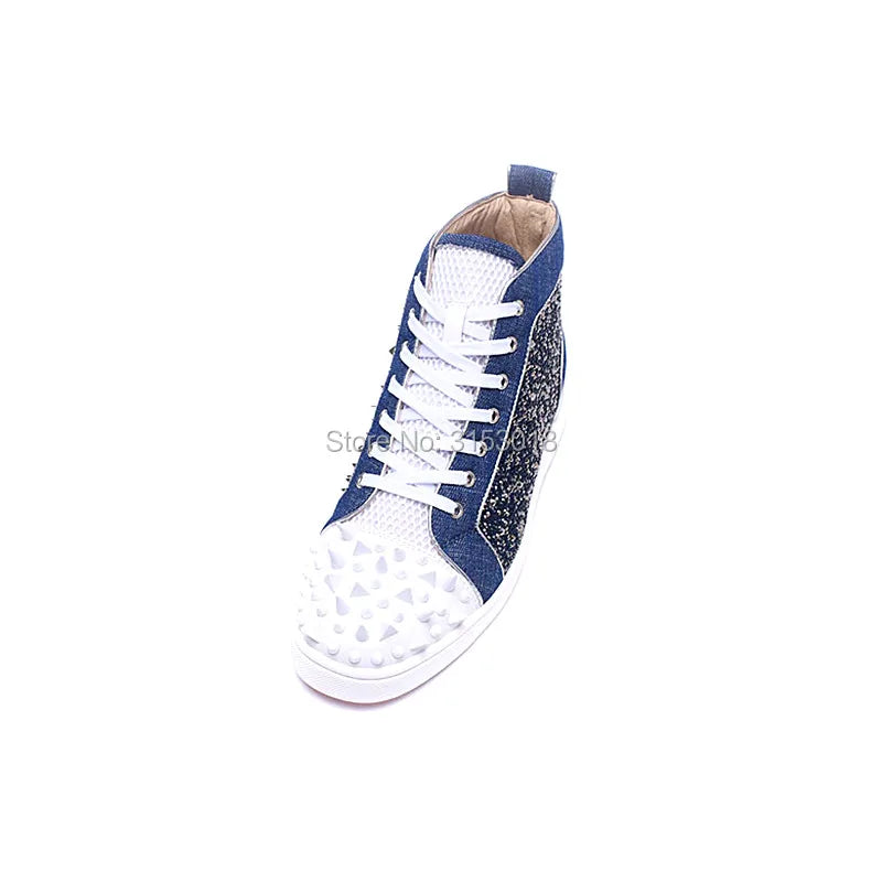 Sneakers Montantes Cuir Bleu Rivets Cristaux Homme – CLEVI Paris