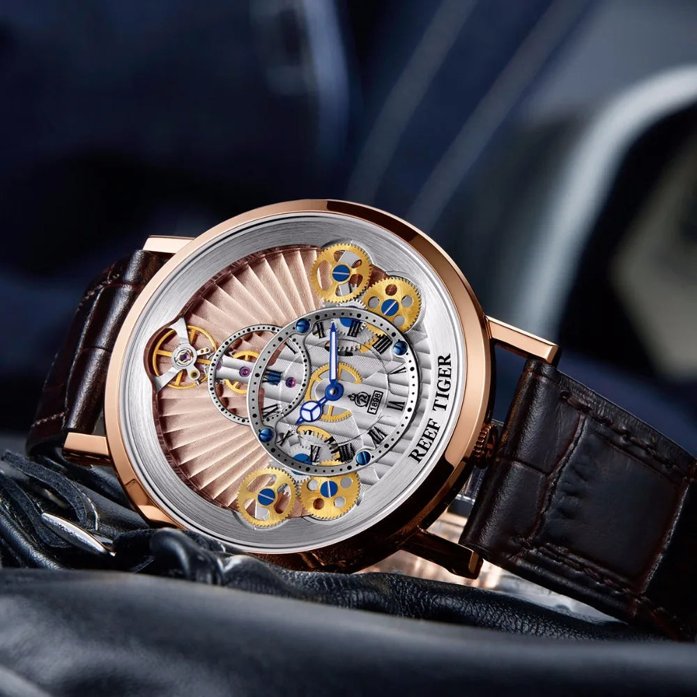 Montre Homme Quartz Squelette Ultra-Plat Or Rose Cuir Reef Tiger RGA1958 – CLEVI Paris