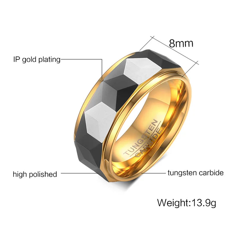 Bague Unisexe en Tungstène Doré Facetté 8 mm – CLEVI Paris