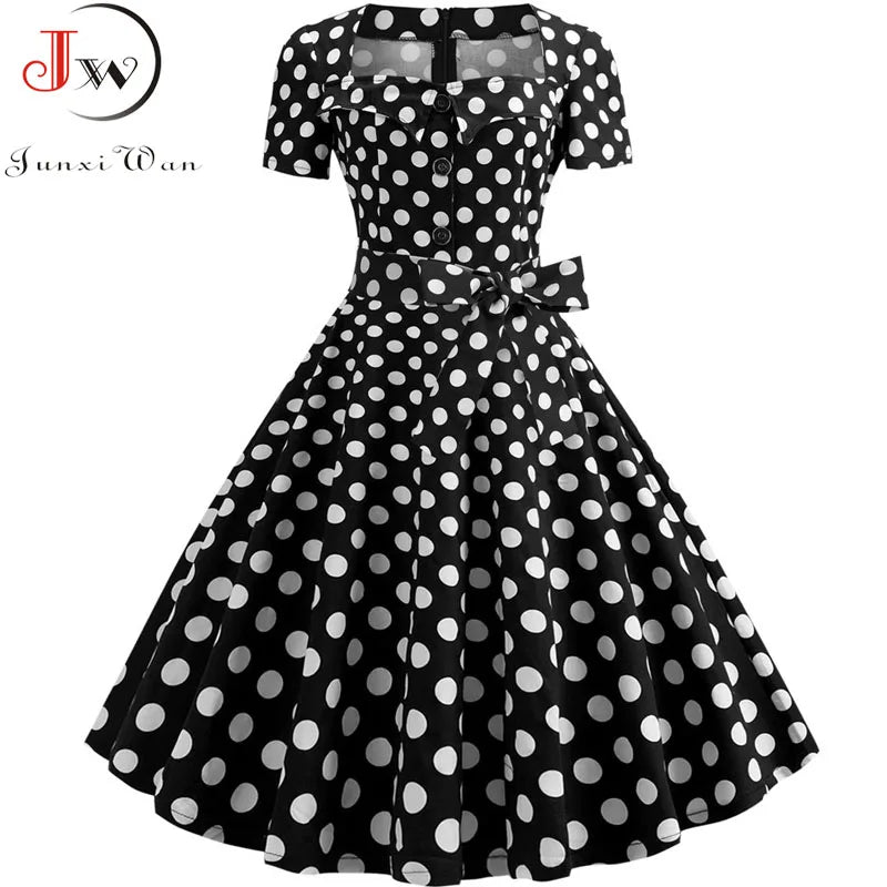 Robe Femme Col Carré Vintage Élégante Manches Courtes Midi À Pois – CLEVI Paris