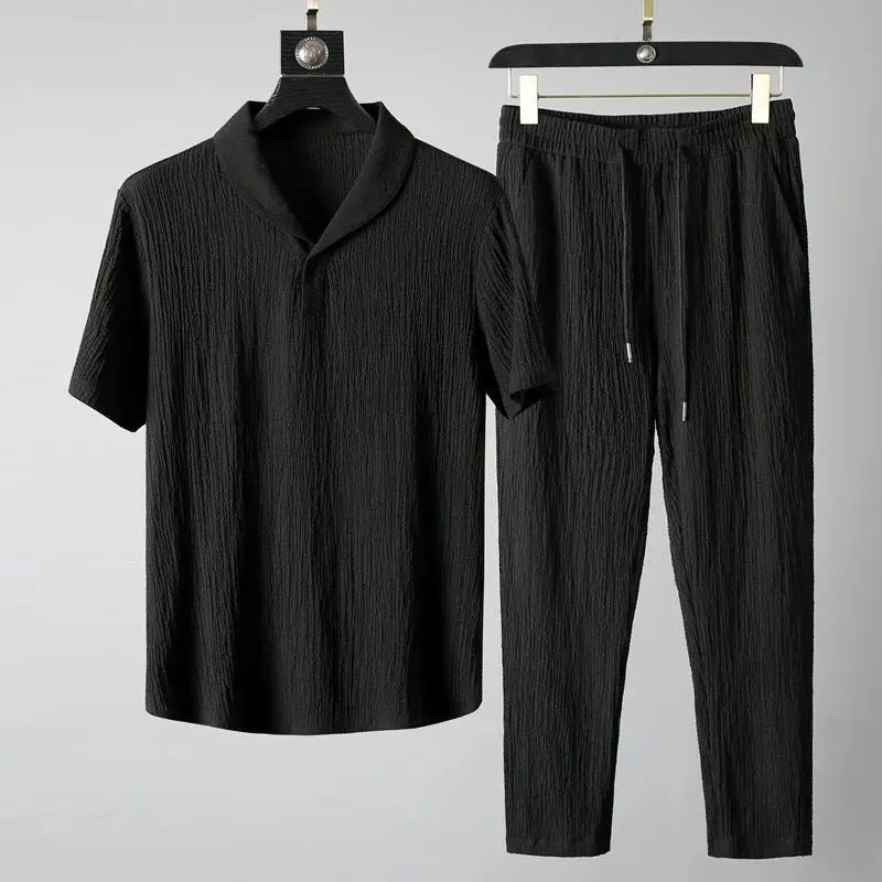 Ensemble 2 Pièces Homme Chemise Col V + Pantalon Élastique Business Casual Été Polyester M-4XL – CLEVI Paris