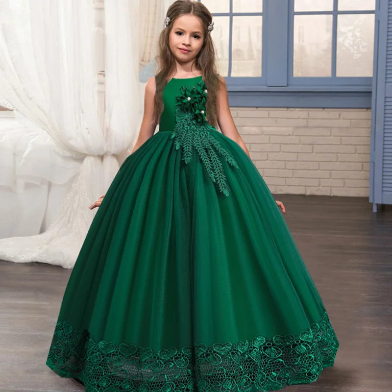 Robe longue fille à appliques florales – CLEVI Paris