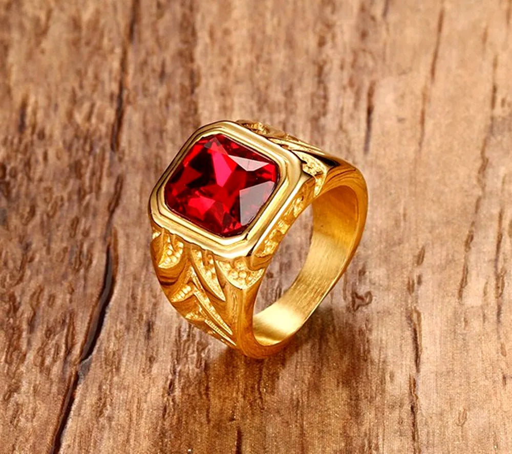 Bague Homme Dorée à Pierres Rouges Carrées – CLEVI Paris