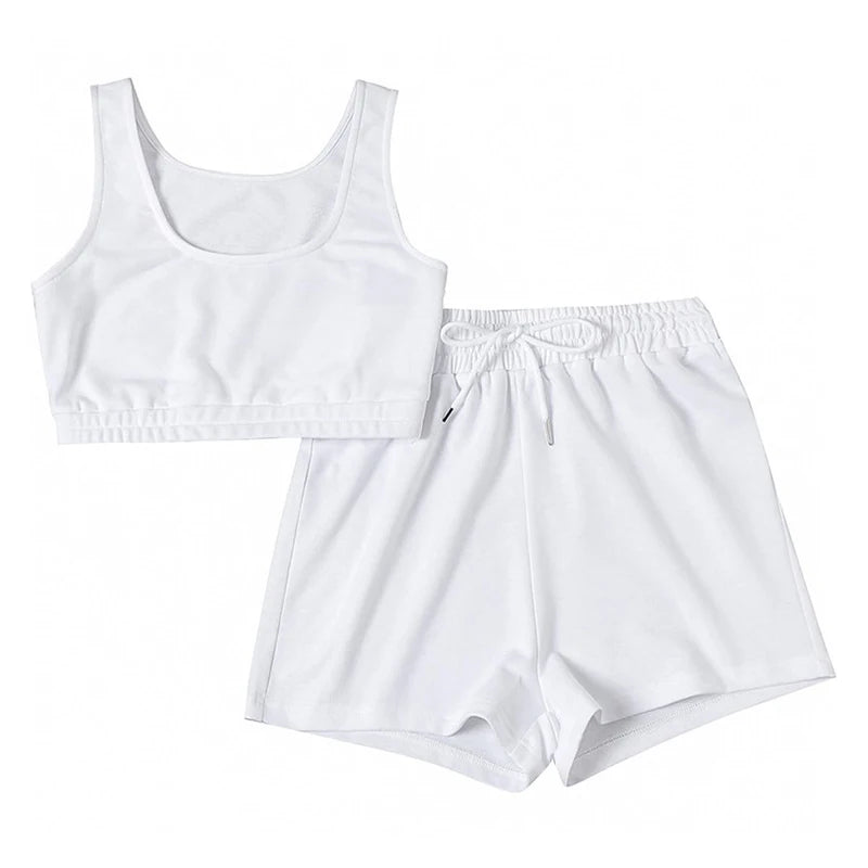 Ensemble 2 Pièces Femme Crop Top Col Carré Sans Manches Short Cycliste Streetwear Fitness Été – CLEVI Paris