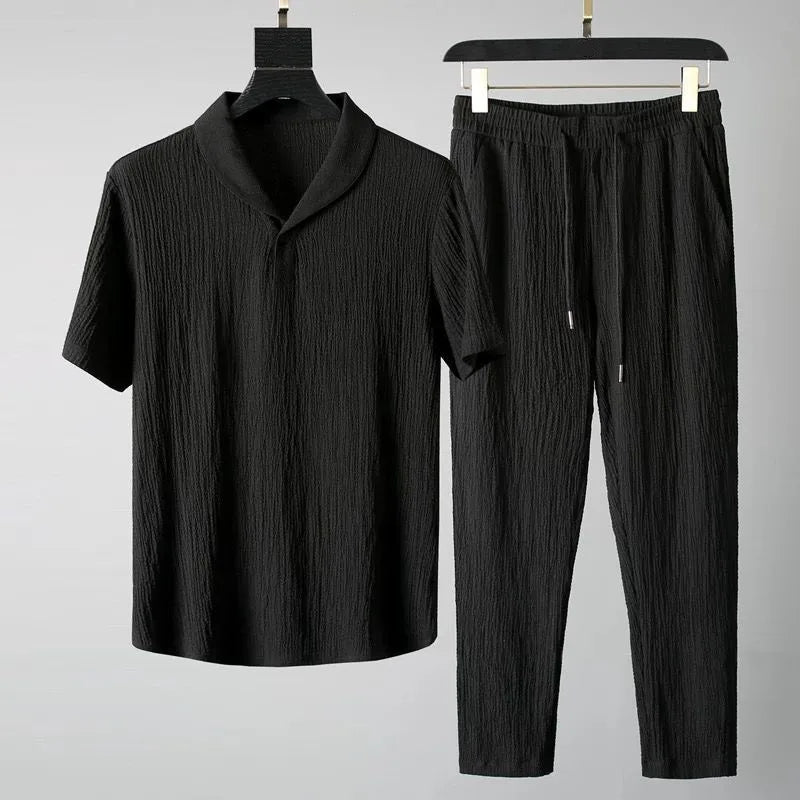 Ensemble 2 Pièces Homme Chemise Col V + Pantalon Élastique Business Casual Été Polyester M-4XL – CLEVI Paris