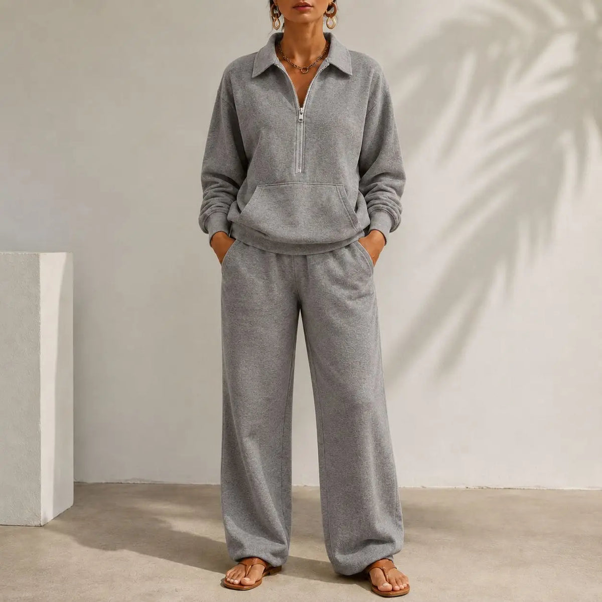 Ensemble femme sweat col zippé et pantalon large – CLEVI Paris