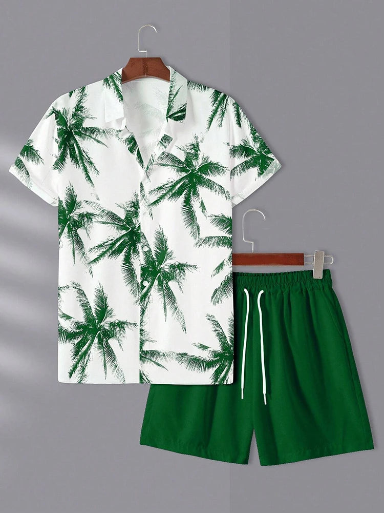 Ensemble Homme Chemise Manches Courtes Col V Imprimé 3D + Short de Plage Casual Streetwear Été – CLEVI Paris