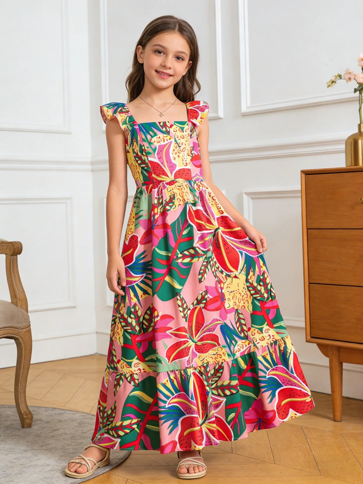 Robe fille tropicale à bretelles volantées – CLEVI Paris