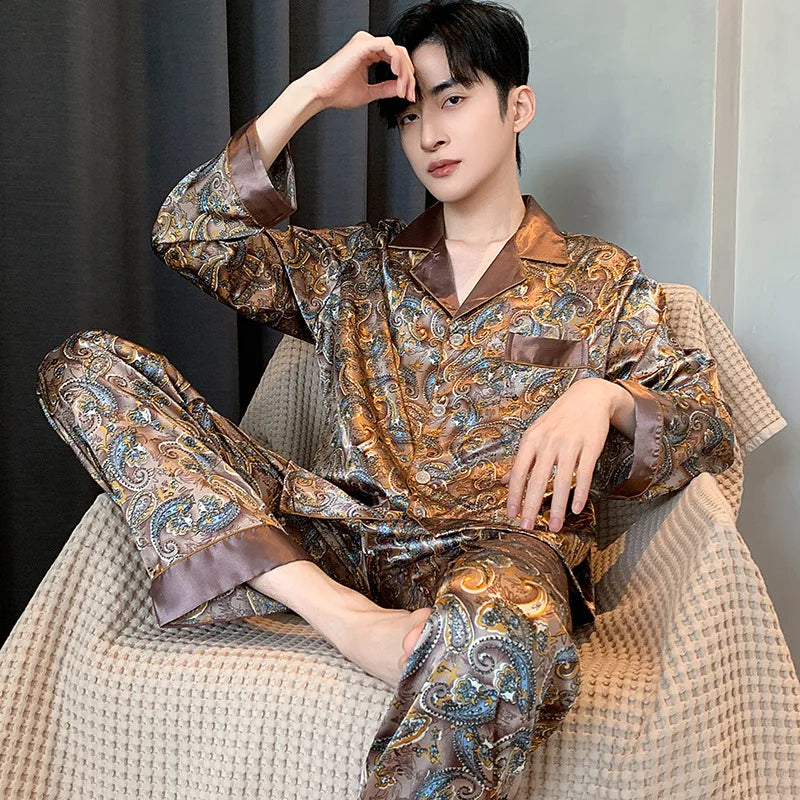 Pyjama Homme 2 Pièces Soie de Glace Satin Col Rabattu Manches Longues Style Luxe Imprimé Printemps Été – CLEVI Paris