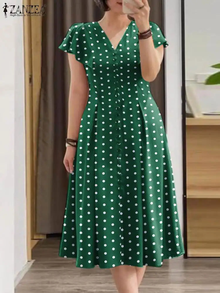 Robe Femme Col V Imprimé Pois Manches Papillon Vintage Mi-Mollet – CLEVI Paris