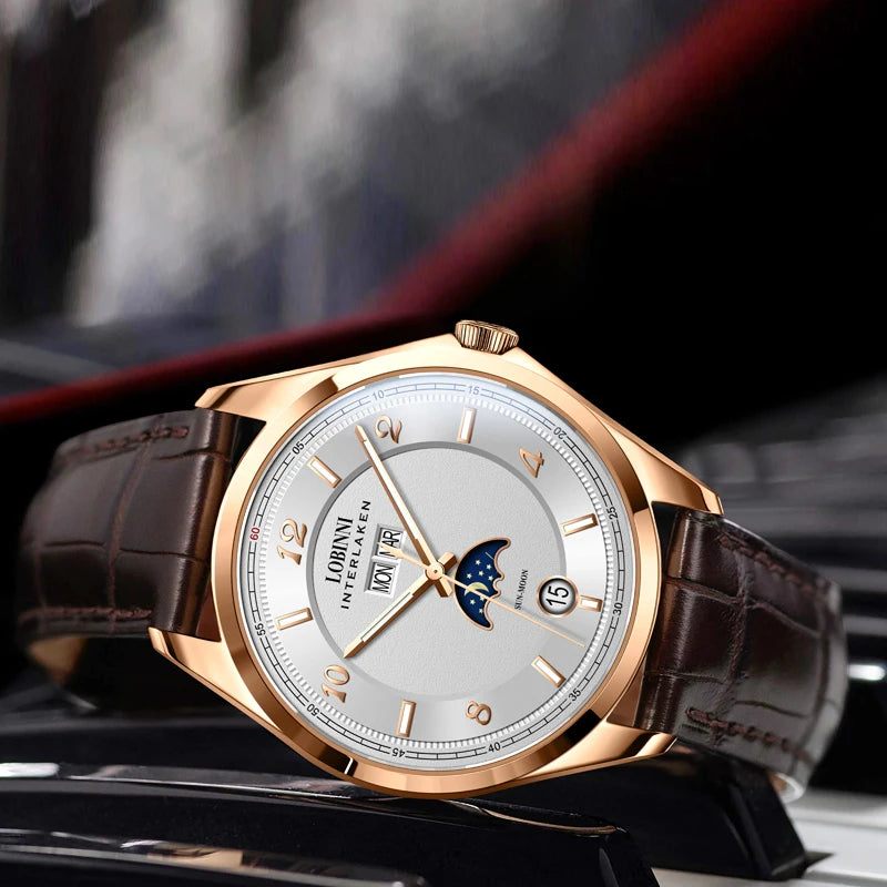 Montre Homme LOBINNI 40mm Automatique Calendrier Verre Saphir Bracelet Cuir – CLEVI Paris