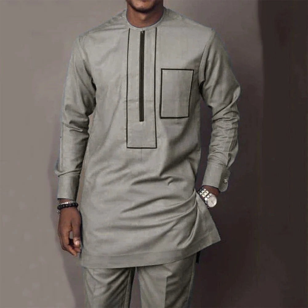 Ensemble 2 Pièces Homme Style Africain Chemise Manches Longues Col Rond + Pantalon Cordon Élégant XS-XXL – CLEVI Paris