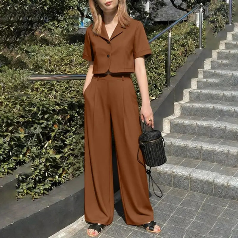 Ensemble 2 Pièces Femme Crop Top Col Rabattu Manches Courtes Boutonné + Pantalon Large Taille Haute Élastique Poches Casual OL Marron Kaki Marine – CLEVI Paris