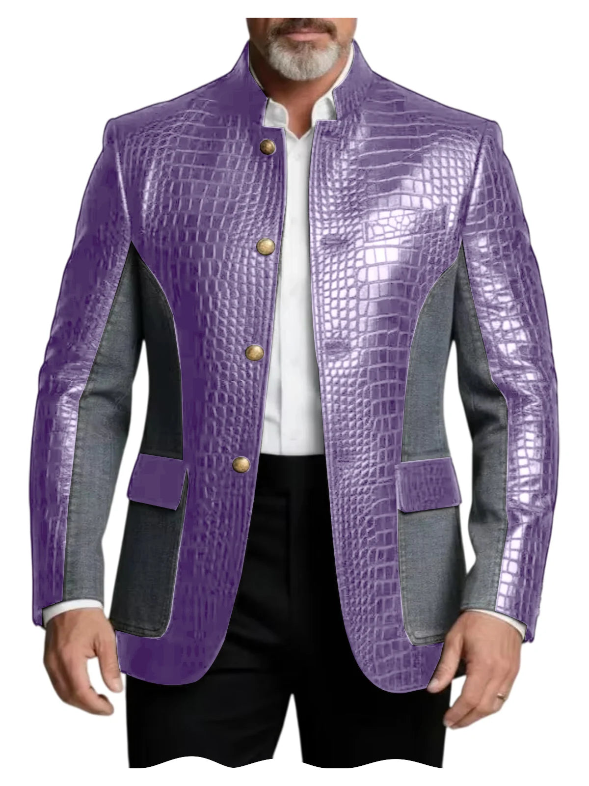 Blazer en cuir PU de luxe marron pour homme, effet croco, patchwork denim, col montant, coupe ajustée, idéal pour affaires, décontracté ou soirée