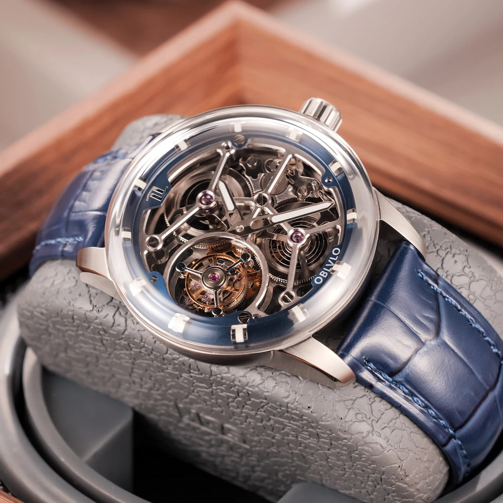 Montre Homme Manuel Tourbillon Squelette Grand Cadran Cuir Lumineux Oblvlo OBL-VM-D-TB – CLEVI Paris